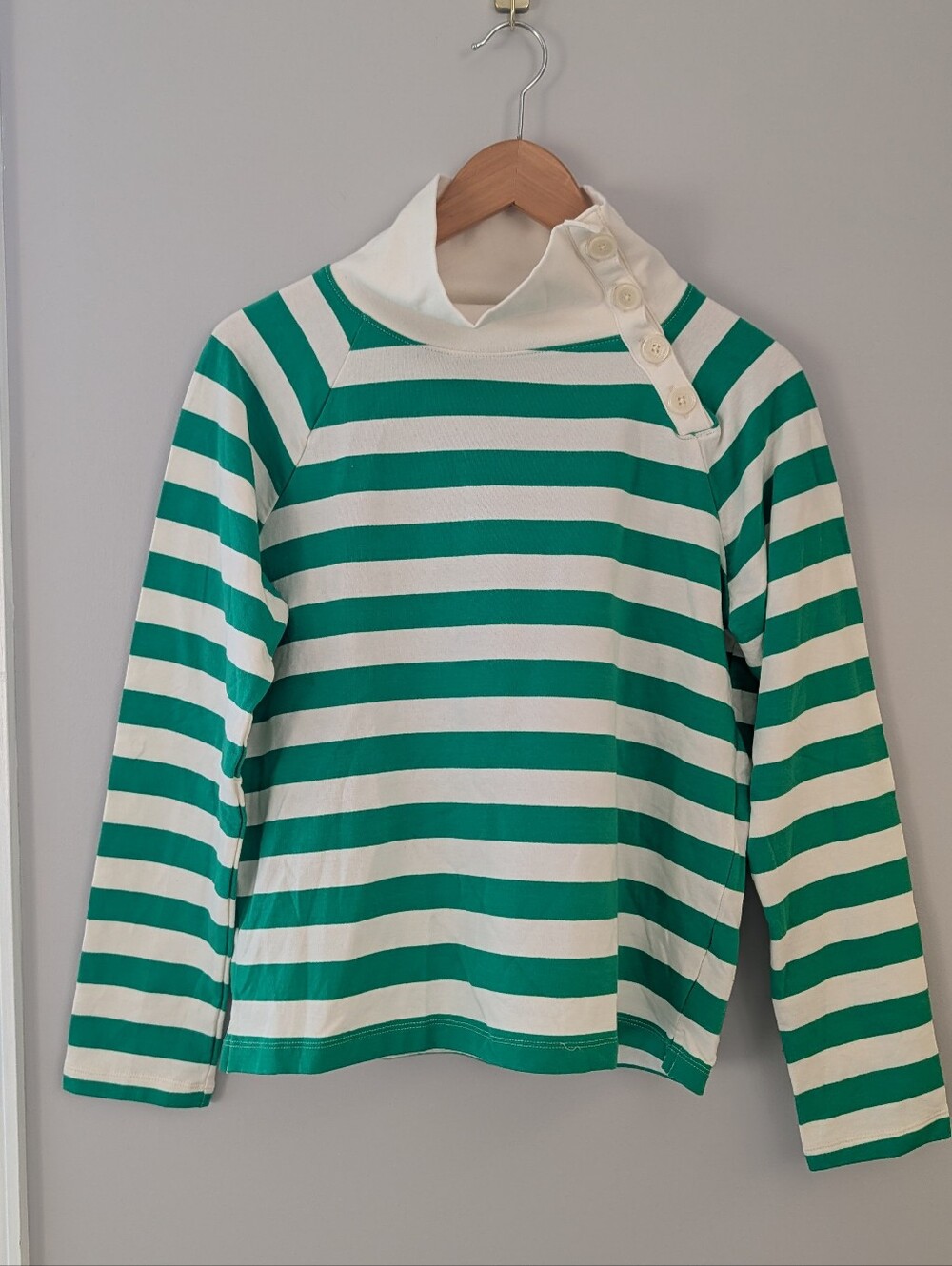 NWOT J.Crew Green White Striped Turtleneck S Asymmetric Button Collar